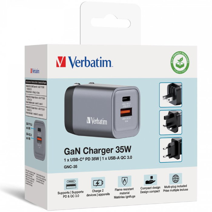 Verbatim GNC-35 Cargador de Pared GaN 35W con USB-C y USB-A Verbatim GNC-35 Cargador de Pared GaN 35W con USB-C y USB-A